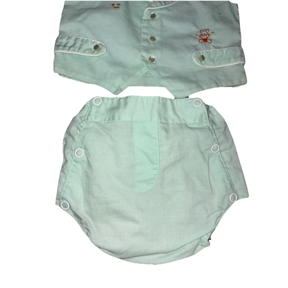 Vtg 1970s Baby Boy 2 Piece Vest and Diaper Cover Set Pastel Sage Green‎ Bear